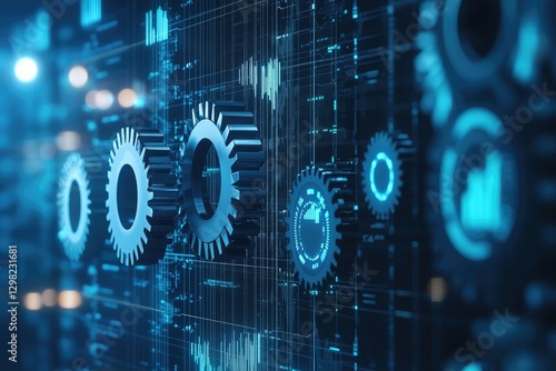 digital gears with holographic charts and graphs floating in the background, dark blue color theme, futuristic style