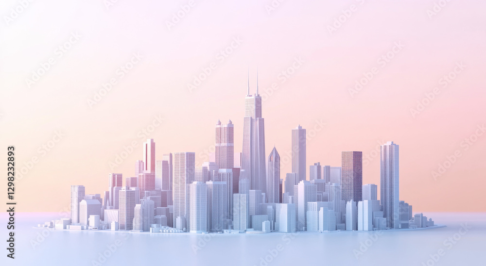 Fototapeta premium A striking view of the Chicago skyline in shades of white, illuminated softly by twilight, showcasing the city's iconic architecture