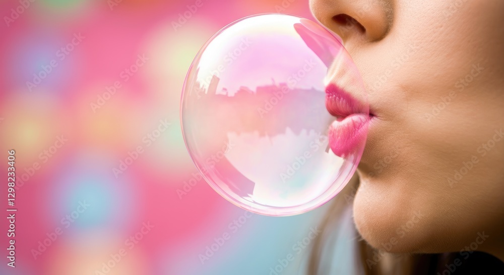 Close-up of woman blowing bubblegum with city reflection Close-up of woman blowing bubblegum with city reflection