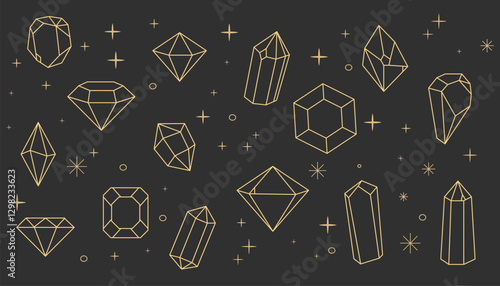 Crystal gemstone celestial gold thin line polygon stone, magic contour gem, polyhedron. Elegant outline geometric quartz, jewel. Mineral linear icon.