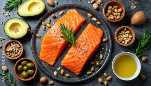 Overhead shot of healthy unsaturated fats and Omega 3. Salmon, avocado, olives, nuts, seeds. Good fats balanced diet with fish, raw food, oil. Healthy eating and dieting.