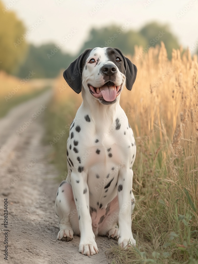 Portrait of great dane puppy, Doberman Pinscher, puppy dog sit and smile cheerful