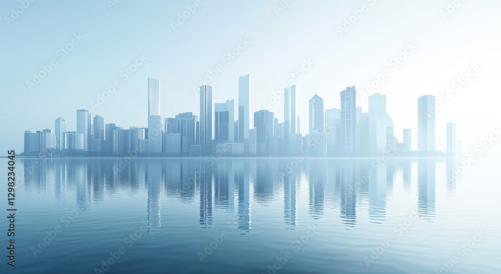 Naklejka premium A serene view of a city skyline with clean lines, enveloped in mist, showcasing the calm water reflection at sunrise