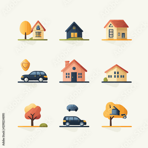 Home and Auto Insurance Vector Icons: Houses, Cars, and Family Protection