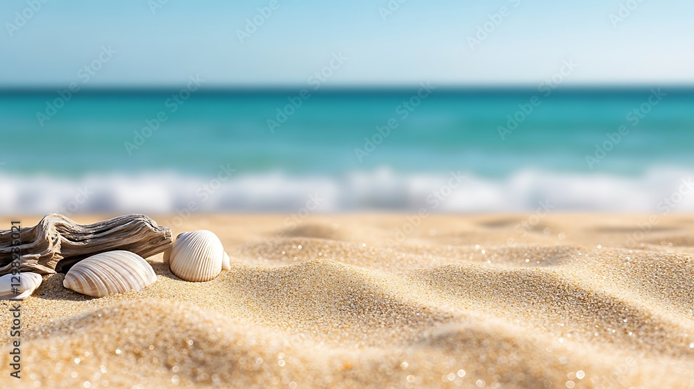 Seashells on beach sand near sea, waves washing ashore; relaxation background image Seashells on beach sand near sea, waves washing ashore; relaxation background image