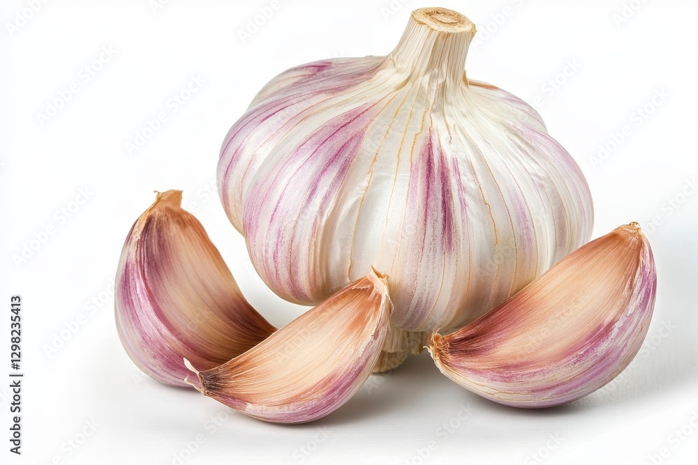 Obraz premium Purple And White Striped Garlic Bulb And Cloves On White Background