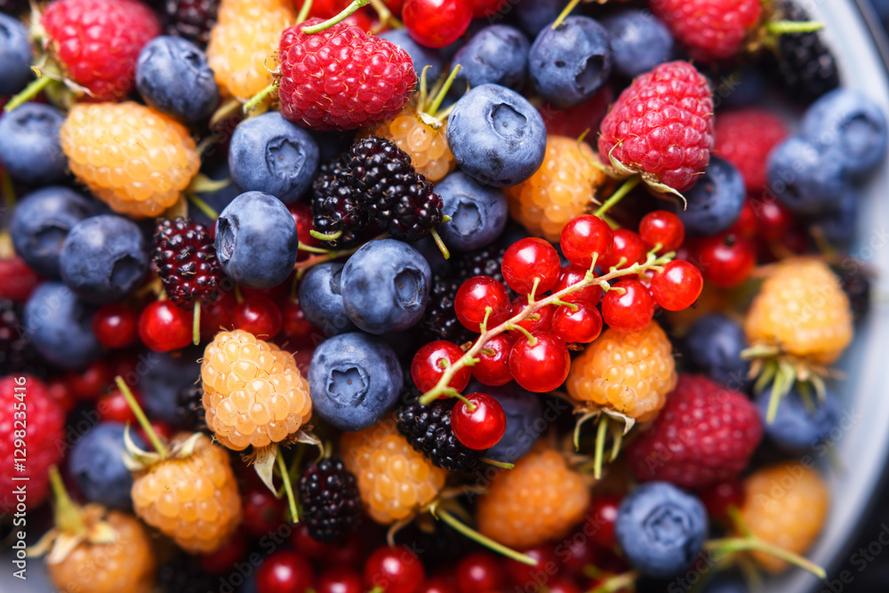 Close up of multicolored mixed summer berries: blueberries, raspberries, redcurrant, blackcurrant and mulberries. Food photography Close up of multicolored mixed summer berries: blueberries, raspberries, redcurrant, blackcurrant and mulberries. Food photography