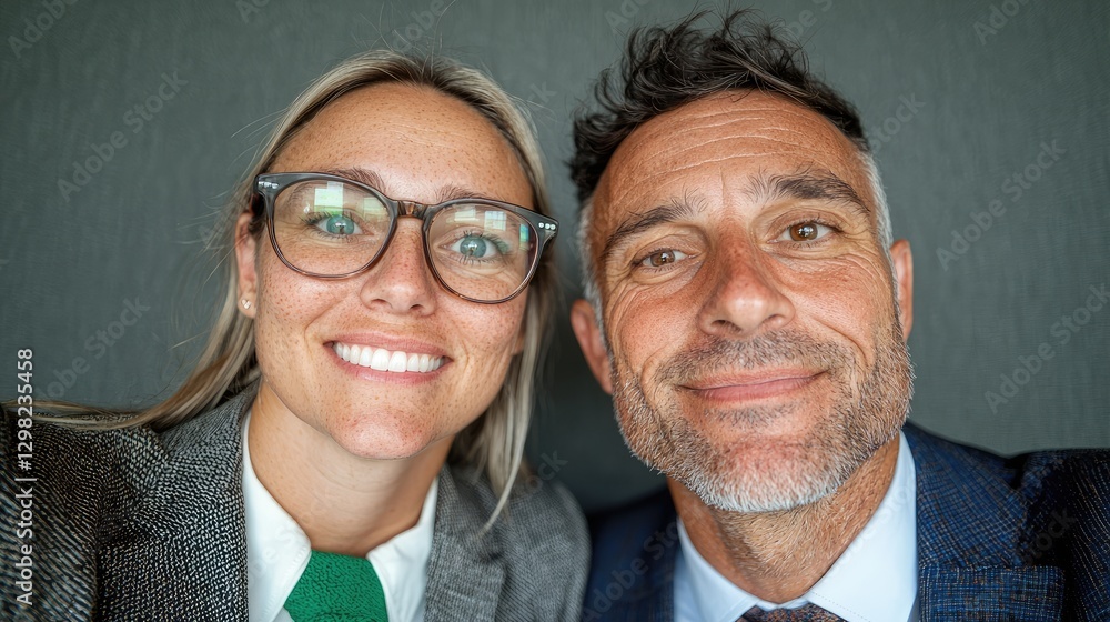 Smiling business colleagues selfie, office background, teamwork Smiling business colleagues selfie, office background, teamwork