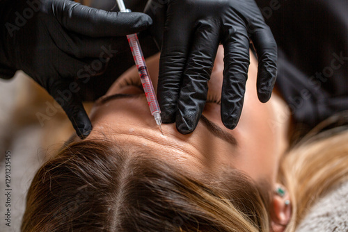 Young woman receiving filler injection in forehead. Beautician expert's hands injecting botox in female forehead. Woman receiving injection of anti-aging botox filler to forehead from cosmetologist