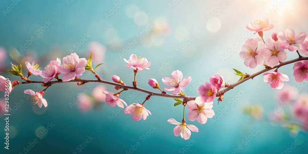 A Delicate Branch of Spring Blossoms, Soft Pink Petals Unfurling in Gentle Sunlight Against a Serene Teal Sky A Delicate Branch of Spring Blossoms, Soft Pink Petals Unfurling in Gentle Sunlight Against a Serene Teal Sky