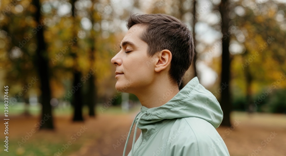 Young man enjoying nature with serene expression in autumn forest Young man enjoying nature with serene expression in autumn forest