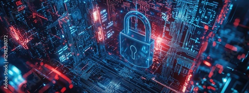 Wallpaper Mural A futuristic digital lock surrounded by holographic data and cybersecurity symbols on an abstract circuit board background Torontodigital.ca