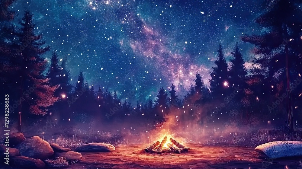 Fototapeta premium Night campfire in starry forest