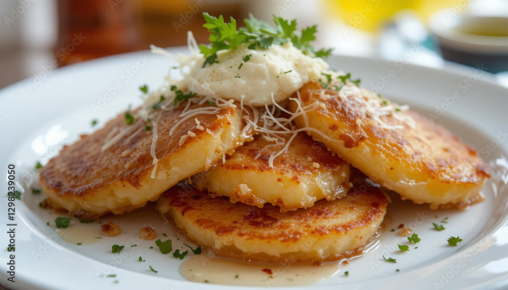 Crispy Potato Pancakes with Creamy Garnish: A Savory Delight Crispy Potato Pancakes with Creamy Garnish: A Savory Delight