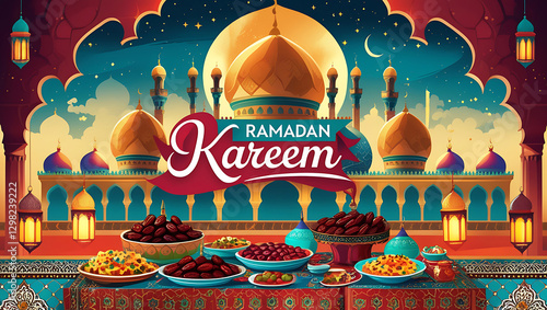 Arabic Ornamental Patterned Background of Islamic Mosque, Design Greeting Card for Ramadan Kareem