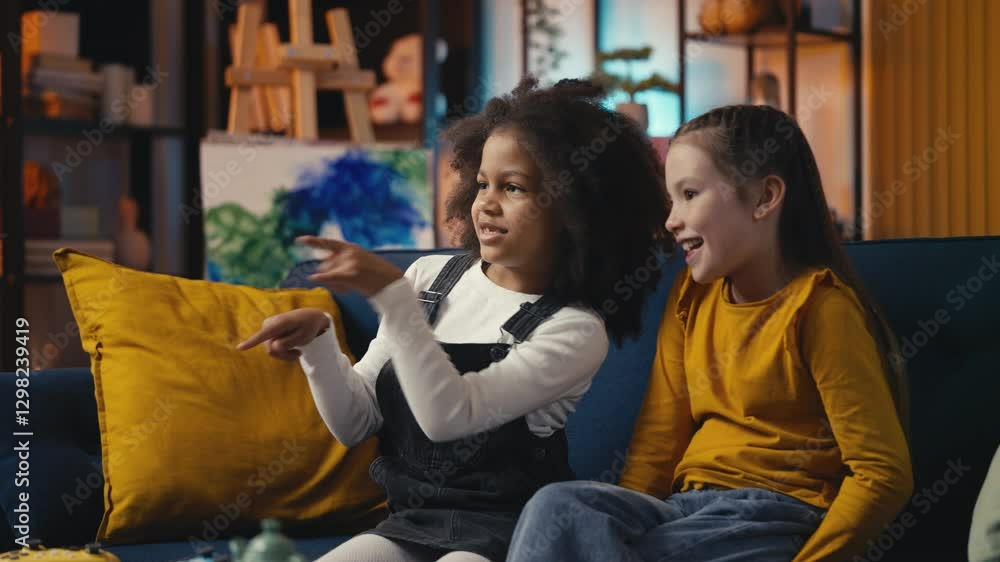 Happy multiethnic girl friends watching a music video on TV, fun moments at home Happy multiethnic girl friends watching a music video on TV, fun moments at home