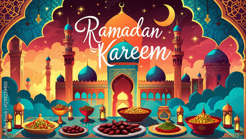 Arabic Ornamental Patterned Background of Islamic Mosque, Design Greeting Card for Ramadan Kareem