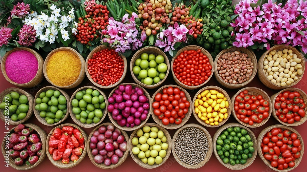 custom made wallpaper toronto digitalColorful fruits and vegetables in wooden bowls, floral display, market scene