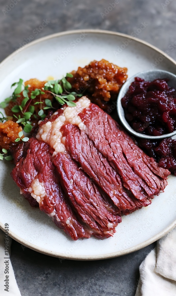 Sliced beef with side dishes plated, on table. Elegant food concept in natural light backdrop Sliced beef with side dishes plated, on table. Elegant food concept in natural light backdrop