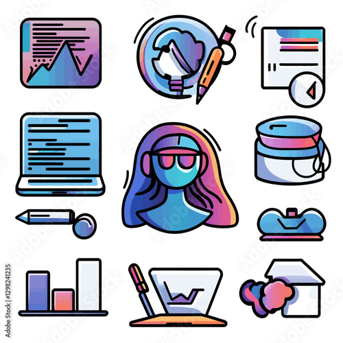 Creative design and business strategy icons on a vibrant colorful artboard