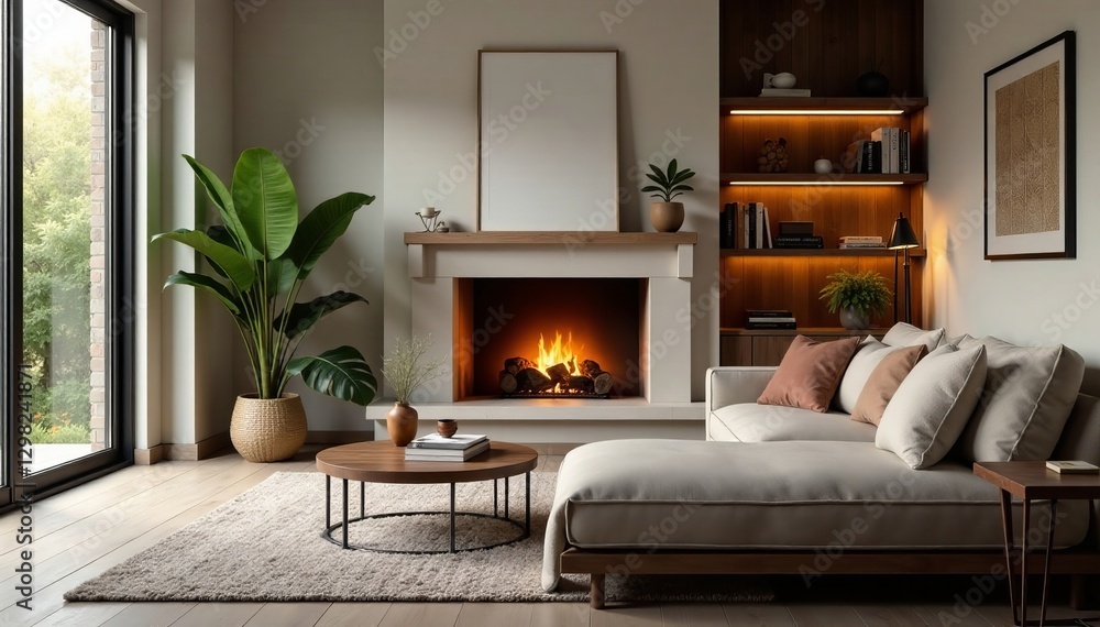 Fototapeta premium Cozy living room with fireplace and comfortable sofa, cozy, modern