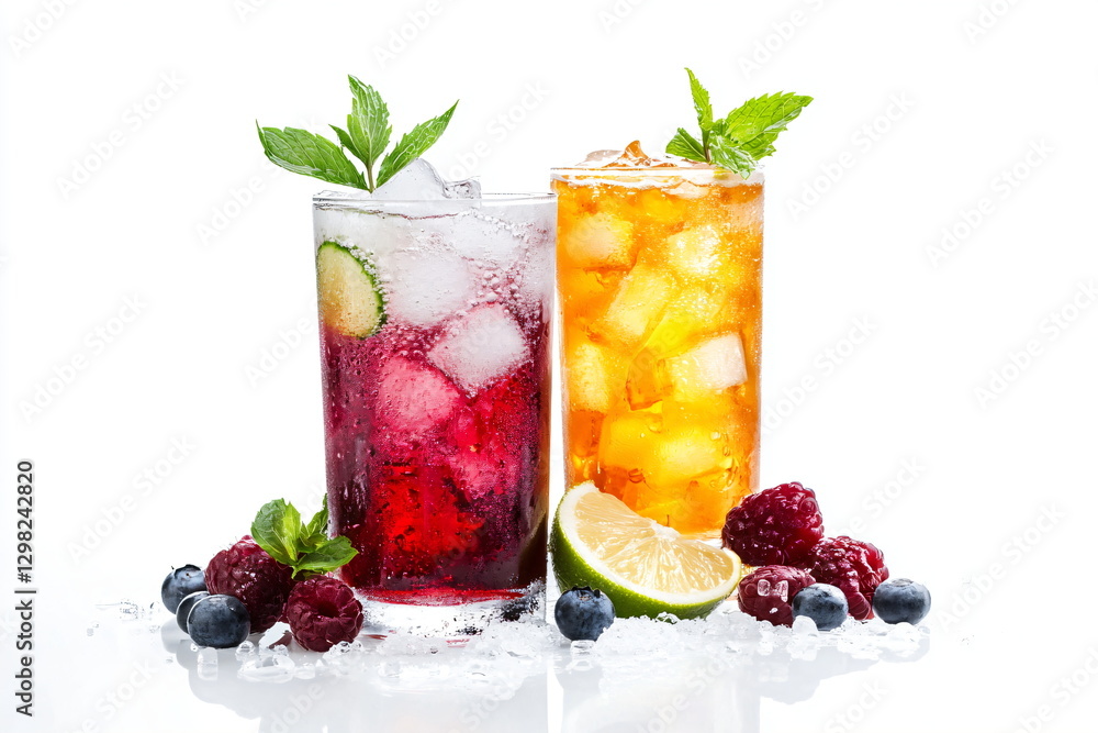 Frozen colorful cocktails with fruits and ice cubes on white background. Frozen colorful cocktails with fruits and ice cubes on white background.