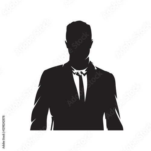 Business man avatar, high contrast drawing, isolated vector silhouette, businessman in suit, front view