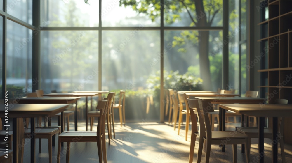 sunlit cafe interior with empty tables and chairs sunlit cafe interior with empty tables and chairs