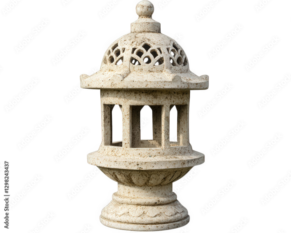 Garden ornament lantern made of stone, featuring intricate design and decorative dome. Ideal for outdoor spaces, adding charm and elegance to gardens Garden ornament lantern made of stone, featuring intricate design and decorative dome. Ideal for outdoor spaces, adding charm and elegance to gardens