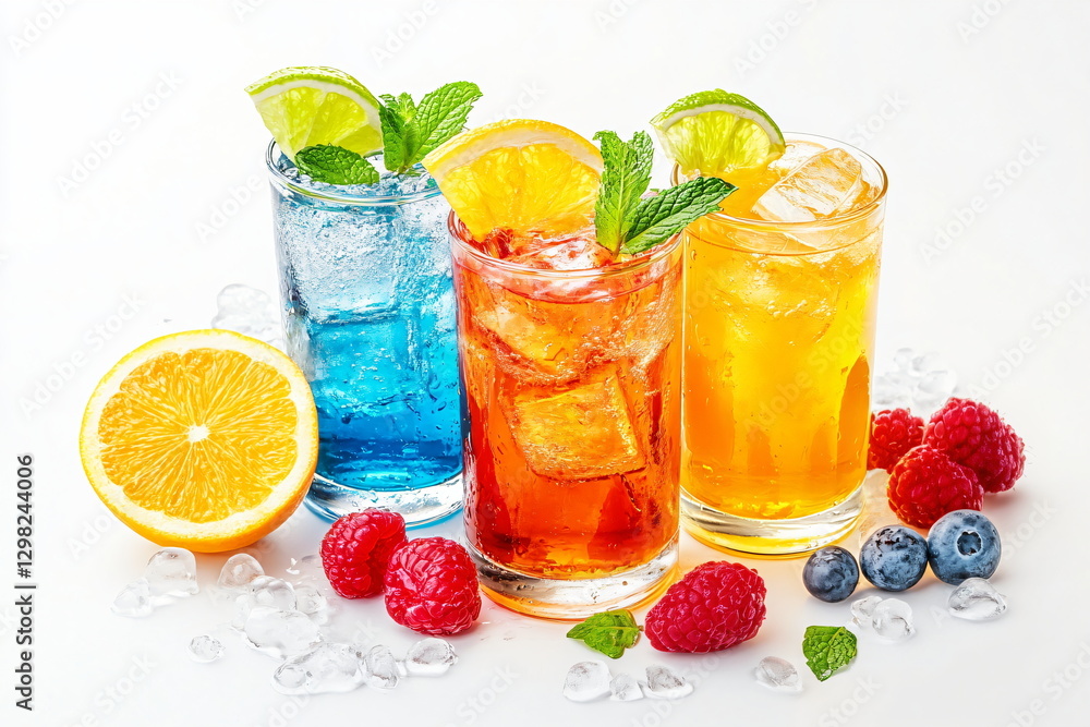 Fototapeta premium Frozen colorful cocktails with fruits and ice cubes on white background.