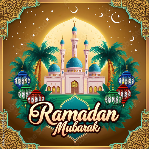 Arabic Ornamental Patterned Background of Islamic Mosque, Design Greeting Card for Ramadan Kareem