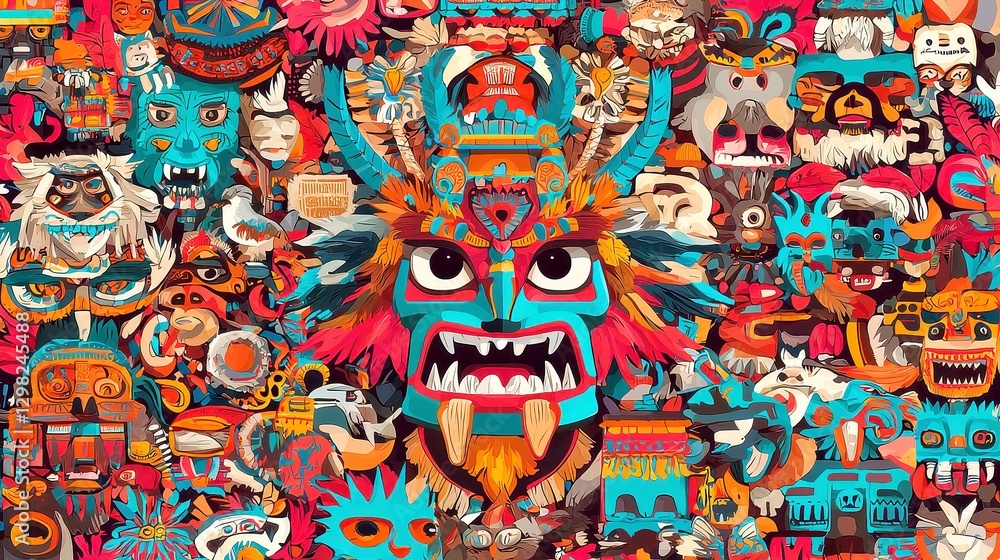 Fototapeta premium Tiahuanaco Ancient Motifs Seamless Vector Background, intricate Bolivian designs, minimalist line art, perfect for creative projects, elegant and culturally rich aesthetic