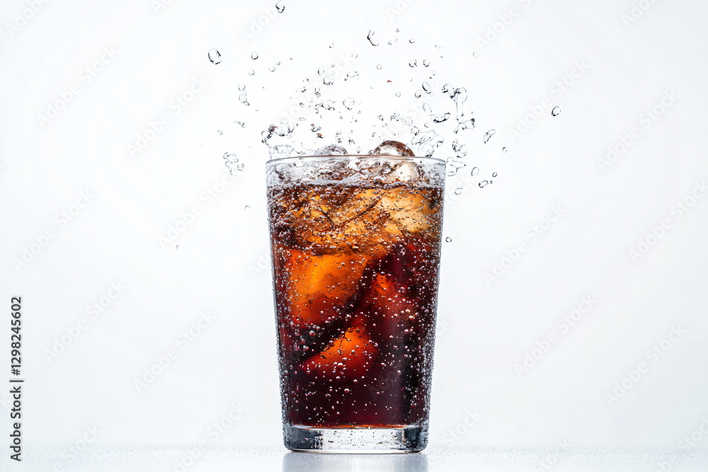 Iced cola with ice cubes on white background, top view Iced cola with ice cubes on white background, top view
