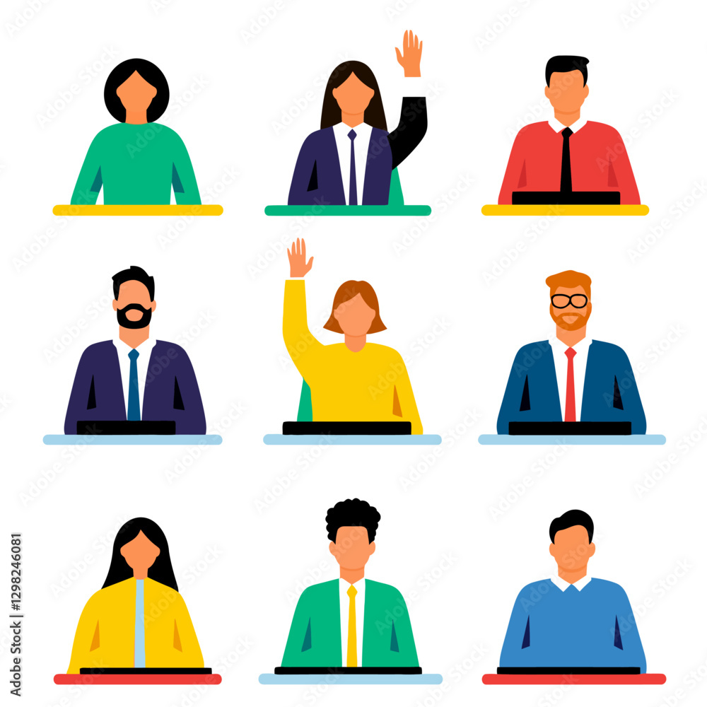 Diverse group raises hands at meeting, symbolizing questions or opinions Diverse group raises hands at meeting, symbolizing questions or opinions