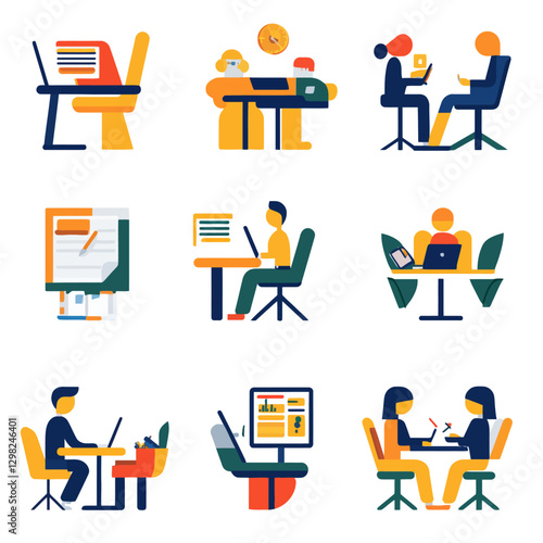 Diverse team working remotely at desks with laptops and having meetings