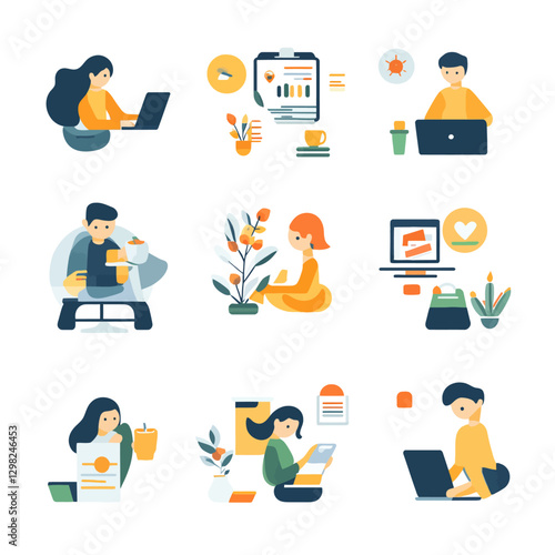 Diverse People Working at Home with Laptops and Tablets Illustration