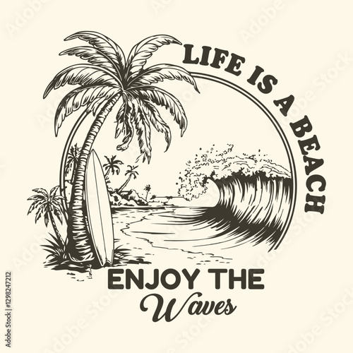 California palm beach vector T-shirt design, Beach Paradise Print T-shirt Graphics Design, typography slogan on palm trees background. Vector graphics for t-shirt prints, posters and other uses.