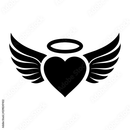 
Angel Heart with Wings and Halo Vector Icon Silhouette