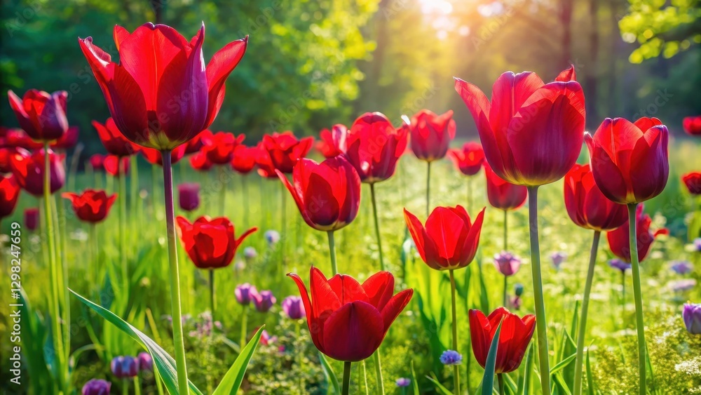 Naklejka premium Lush Crimson Tulips Basking in the Warmth of Golden Sunlight, a Vibrant Spring Meadow Scene