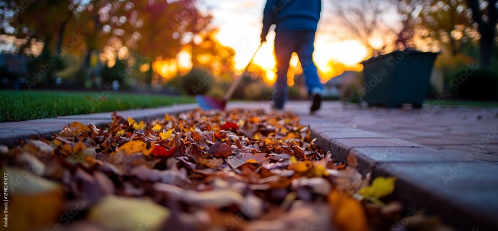 Person raking leaves on autumnal path, sunset Person raking leaves on autumnal path, sunset