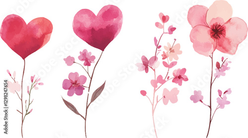 Wallpaper Mural Watercolor wildflower set with pink and red flowers with heart-shaped elements. placed on a white background Torontodigital.ca