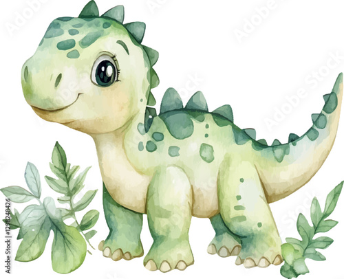 Cute watercolor children's cartoon dinosaur with clip art set for children's book.
