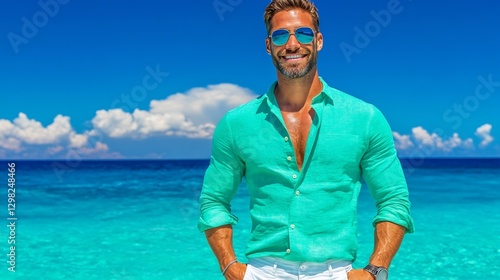 Happy man in teal shirt poses on sunny beach