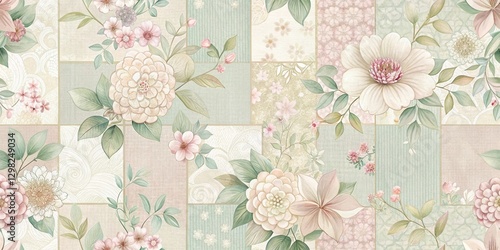 Elegant Pastel Floral Patchwork Design with Delicate Blossoms and Soft Green Foliage, Ideal for Textile Prints or Decorative Applications