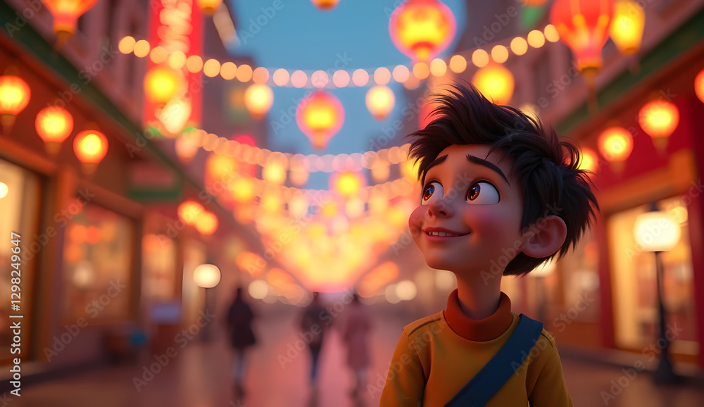 Obraz premium Cartoon boy looking up at illuminated street with hanging lanterns during Ramadan or Eid celebrations