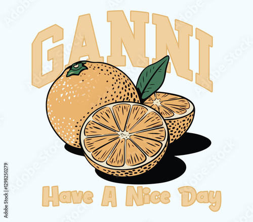 Ganni t shirt. vintage retro color college text graphics with grunge orange effects, girls graphic , women's print design, kids and men's t-shirt design. Nature fruit club print design. Organic food