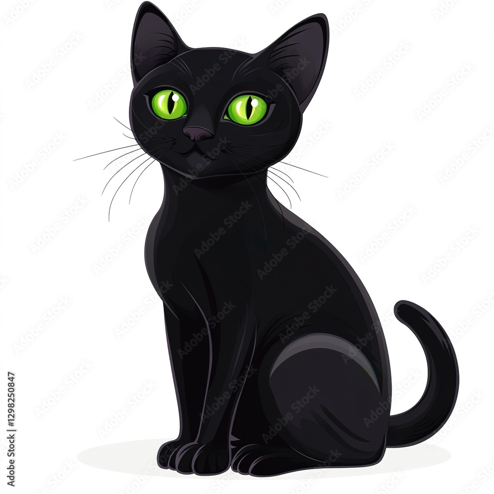 Fototapeta premium cartoon illustration cute elegant black cat with green eyes sitting isolated on white background