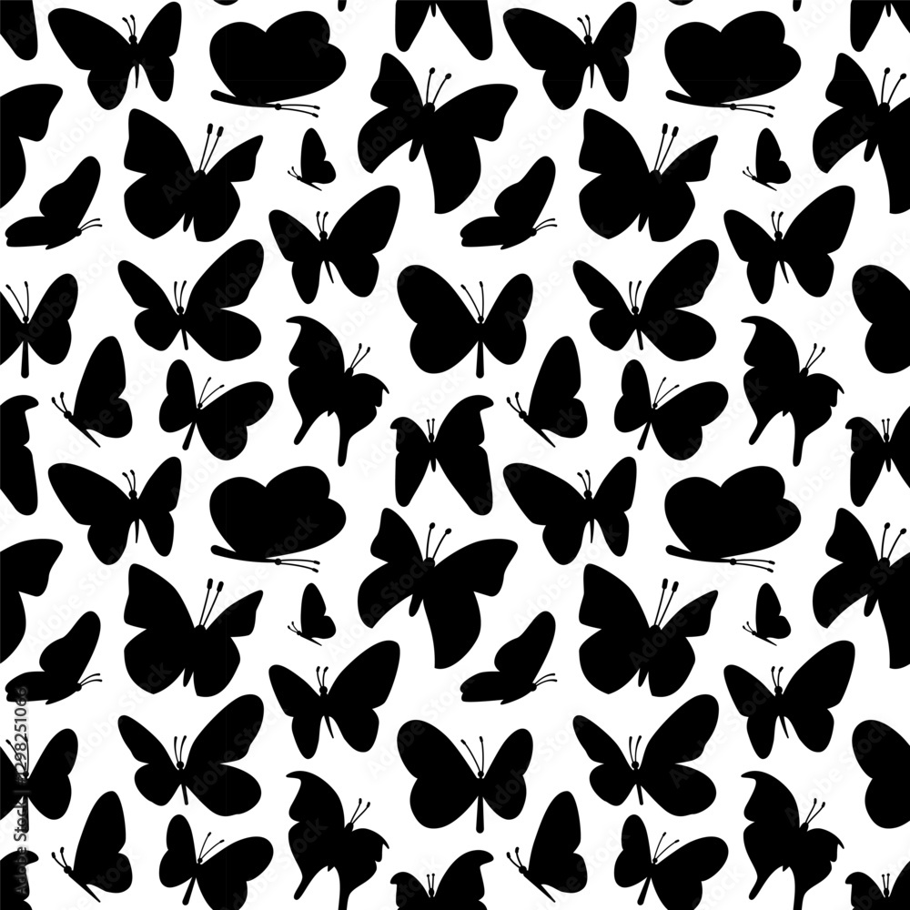 Monochrome seamless pattern with black butterflies. Random butterfly silhouettes background. Monochrome seamless pattern with black butterflies. Random butterfly silhouettes background.