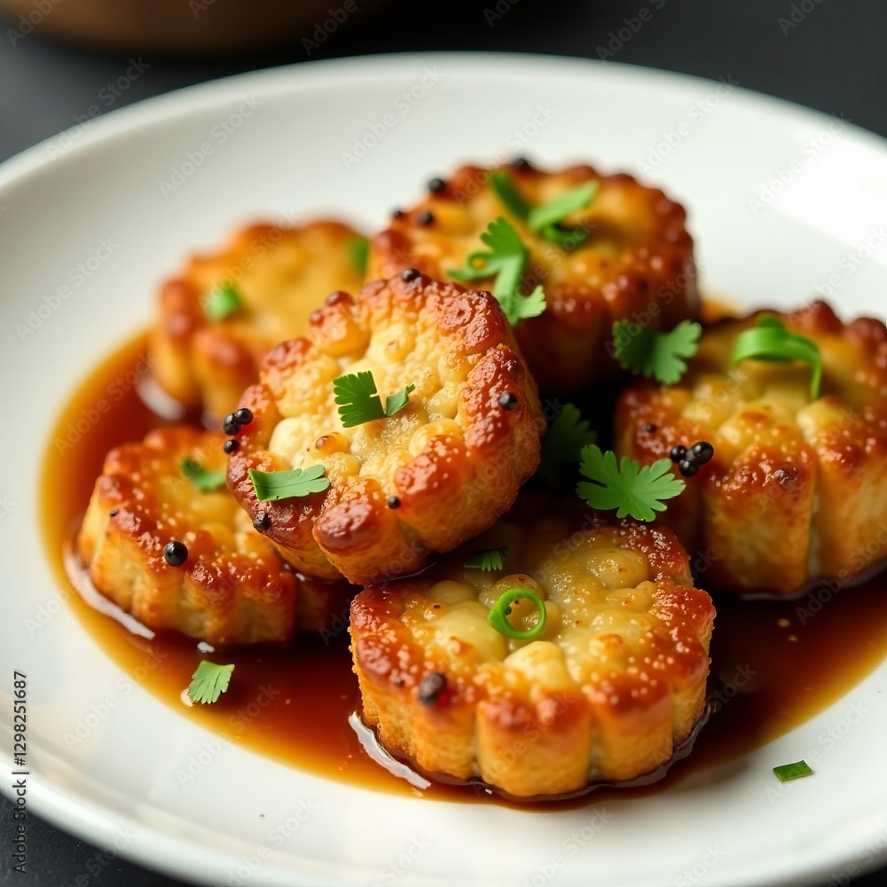 Golden brown fried tempeh on a white plate with soy sauce and herbs, tempeh, crispy Golden brown fried tempeh on a white plate with soy sauce and herbs, tempeh, crispy