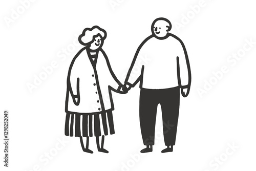 Happy elderly couple walking hand in hand, minimalistic line art